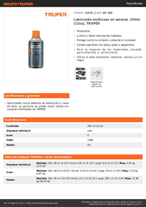 Aflojatodo Multiusos En Aerosol, 345ml (12oz), Truper 13470