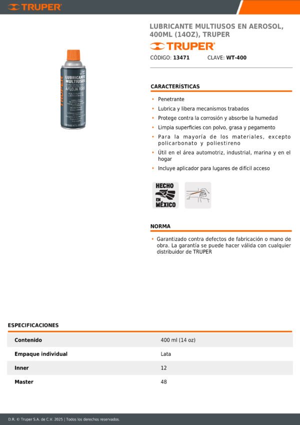 Aflojatodo Multiusos En Aerosol, 400ml (14oz), Truper 13471