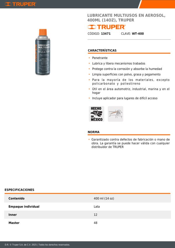 Aflojatodo Multiusos En Aerosol, 400ml (14oz), Truper 13471