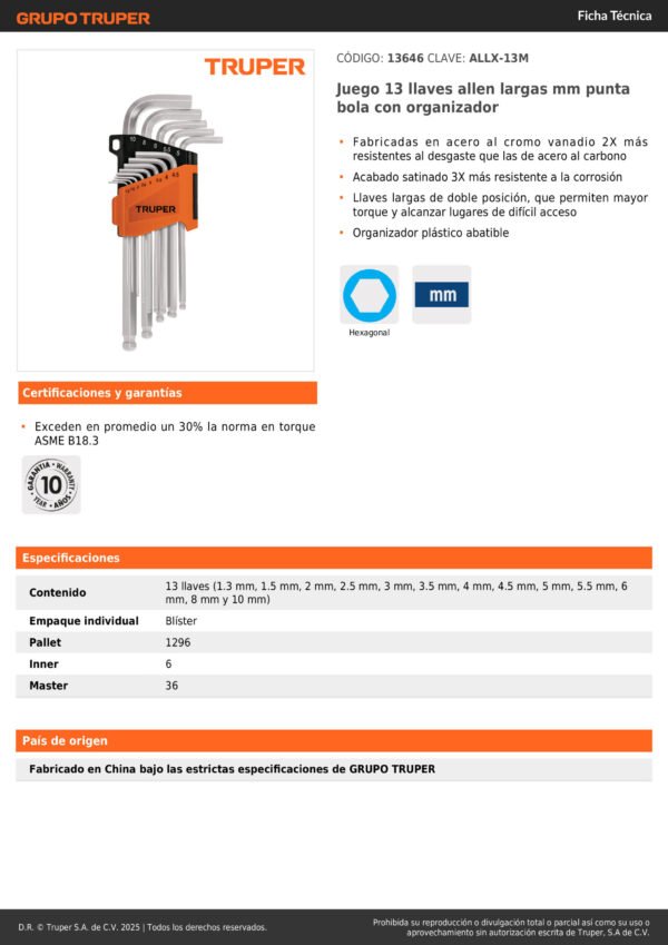 Juego 13 Llaves Bristol Extra Larga Milimetrica Truper 13646 Color Plateado