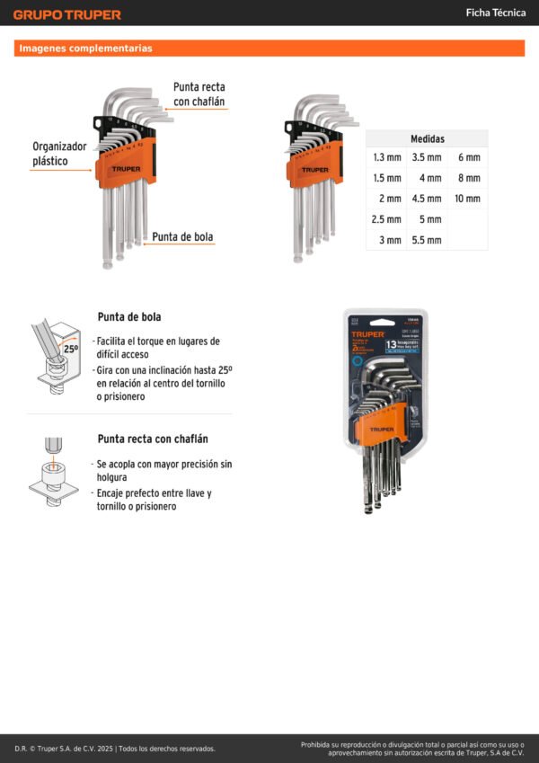 Juego 13 Llaves Bristol Extra Larga Milimetrica Truper 13646 Color Plateado