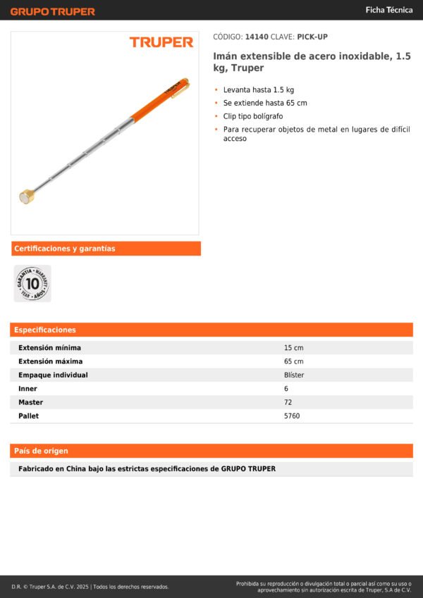 Iman Magnetica Telescopico 1.5kg Metal Truper 14140