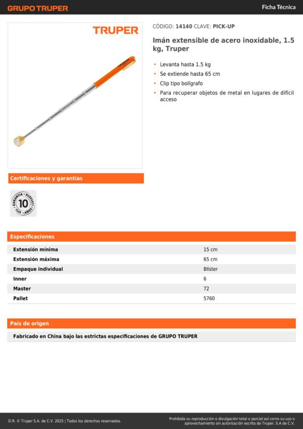 Iman Magnetica Telescopico 1.5kg Metal Truper 14140