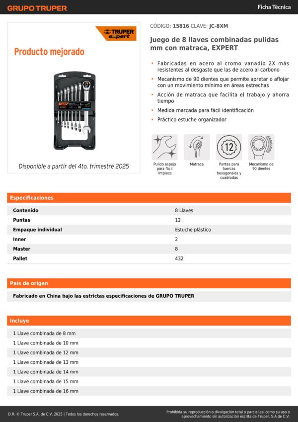 Juego 8 Llaves Mixtas Milimétricas Industrial Ratchet 15816