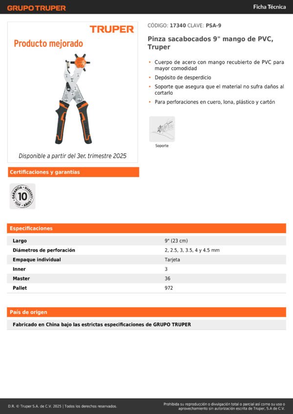 Alicate Sacabocados 9pg Mango De Pvc Truper 17340