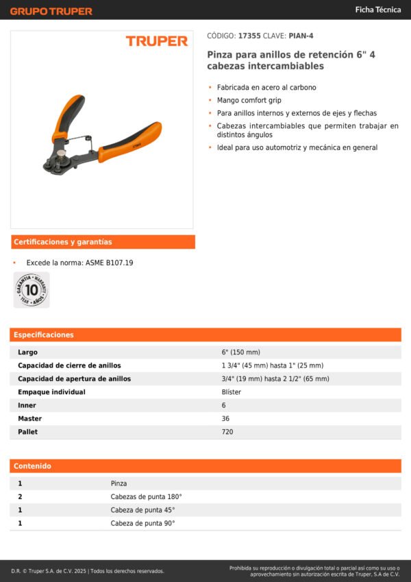 17355_001 Alicate Para Anillos Retención 4 Cabezas Truper 17355