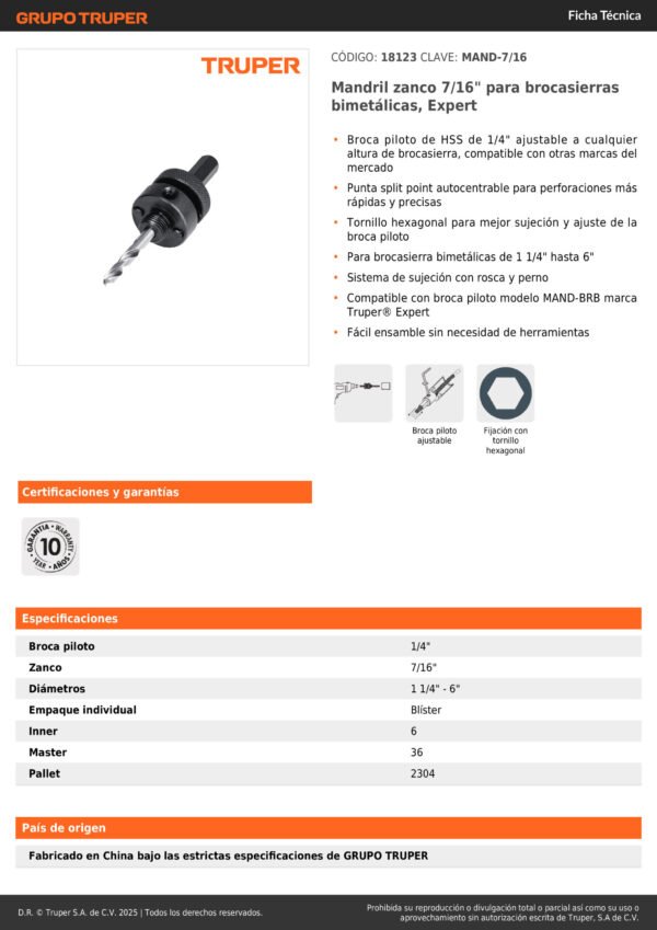 18123_001 Mandril Brocasierras Zanco 7/16'' Para Copas Bimetálicas
