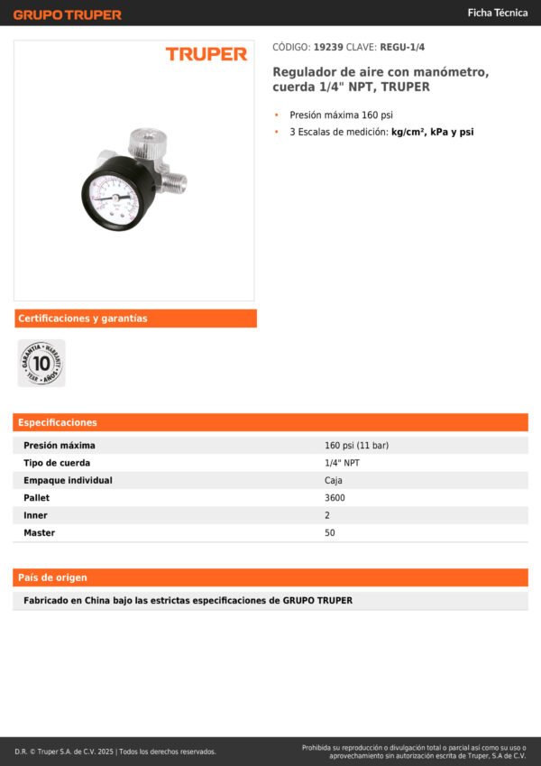 19239_001 Regulador De Aire Para Compresor 19239 Truper