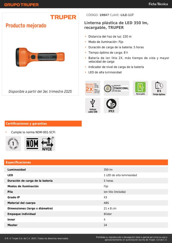 Linterna Recargable Led Alta Potencia 320 Metros Truper19847