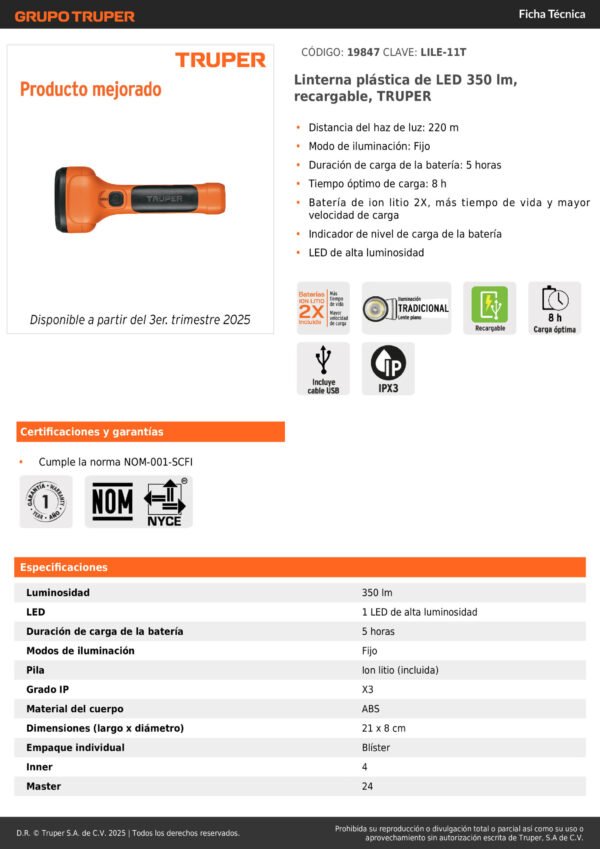 19847_001 Linterna Recargable Led Alta Potencia 320 Metros Truper19847