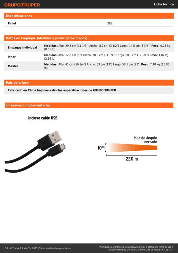 Linterna Recargable Led Alta Potencia 320 Metros Truper19847