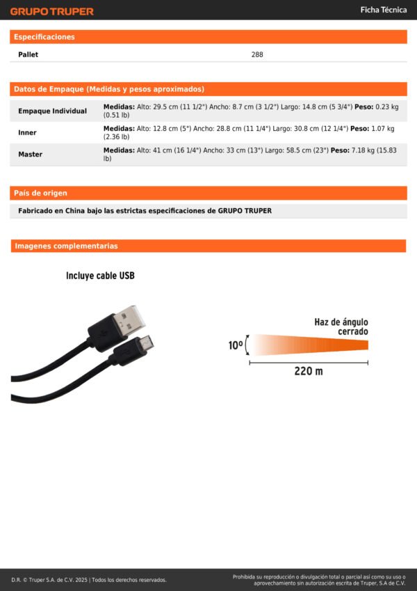 19847_002 Linterna Recargable Led Alta Potencia 320 Metros Truper19847