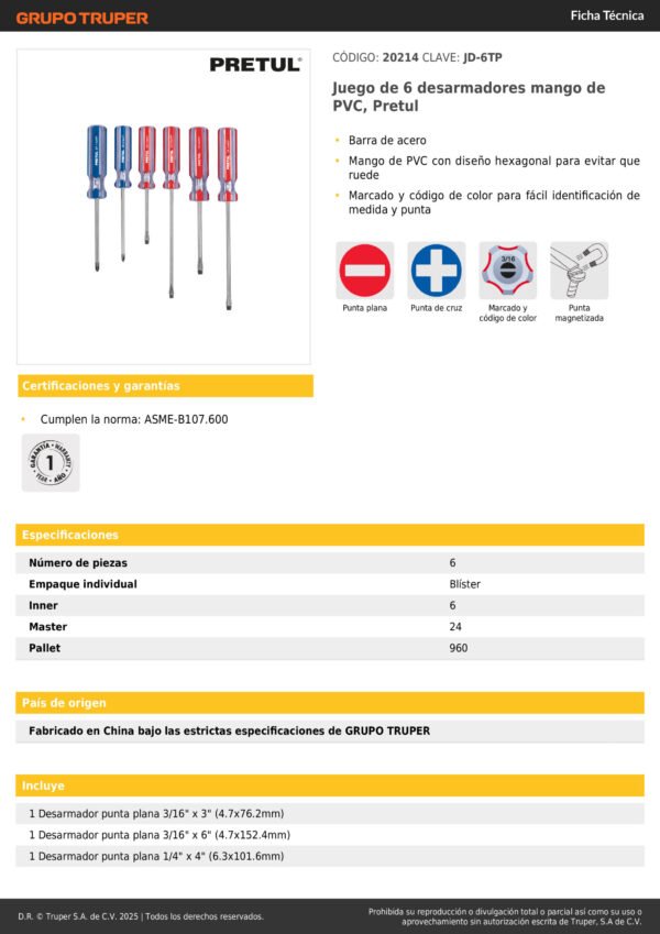 Juego Destornilladores X6pzas Mango Pvc Pretul Pesado
