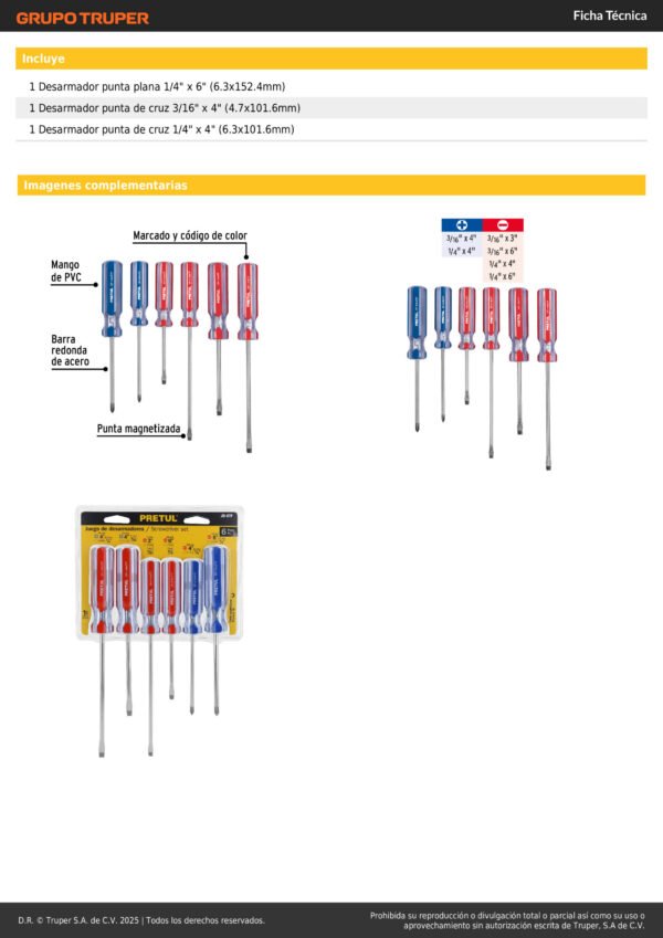 Juego Destornilladores X6pzas Mango Pvc Pretul Pesado