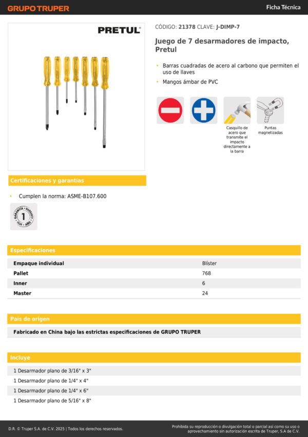 Juego De Desarmadores De Impacto 7 Pzas Pretul 21378