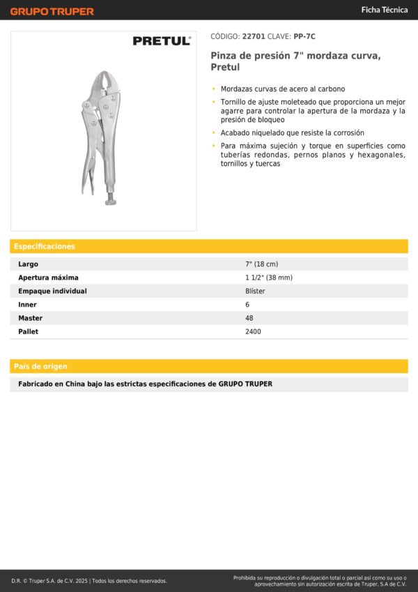 Hombre Solo Pinza De Presión 7pg Mordaza Curva Pretul 22701