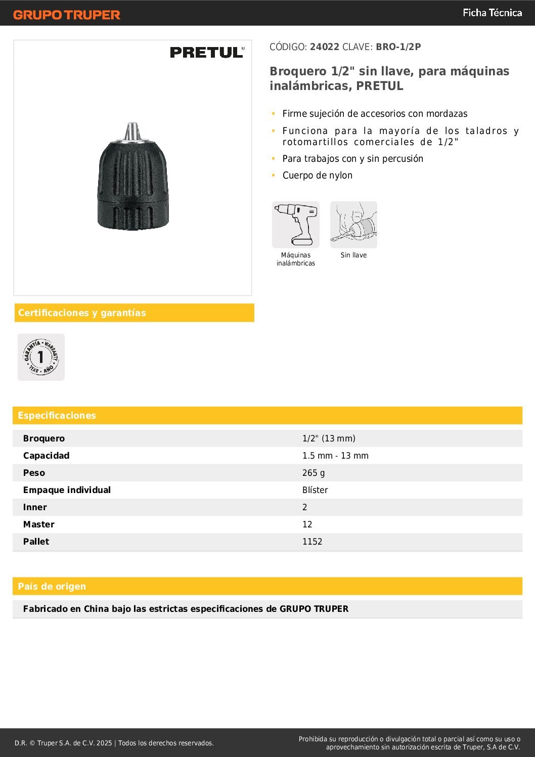 Mandril Para Taladro 12 X 12 Autoajustable 24022 Pretul