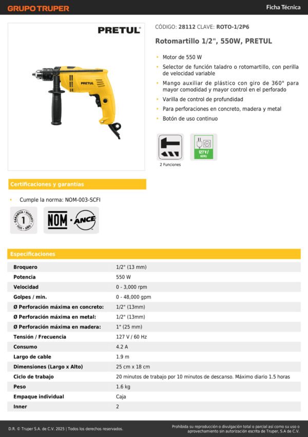 Taladro Percutor 12pg Industrial Reversible 500w Pretul