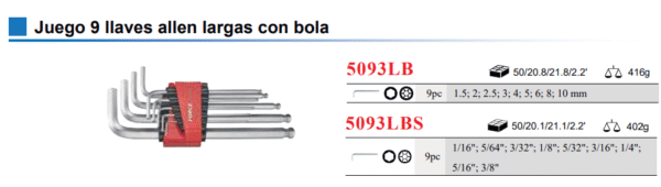 Juego Llaves Bristol Larga 1/16 A 3/8 Force 5093lbs
