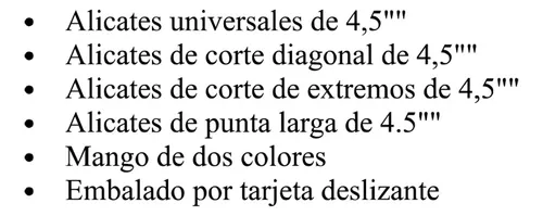 Juego 4 Alicates 4.5puLG Cortafrio Y Pinza Corte Extremo