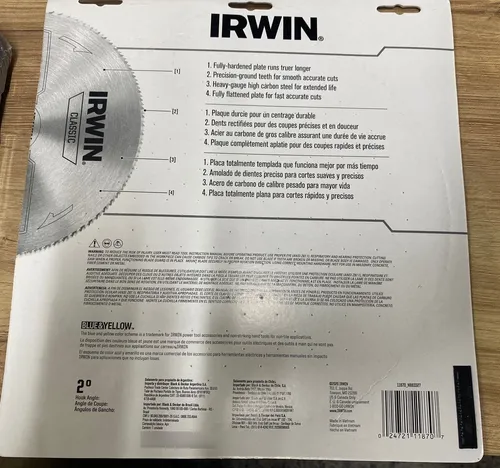 Disco 10'' Sierra 180 Dientes Madera Melamina 58'' Irwin