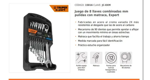 Juego 8 Llaves Mixtas Milimétricas Industrial Ratchet 15816