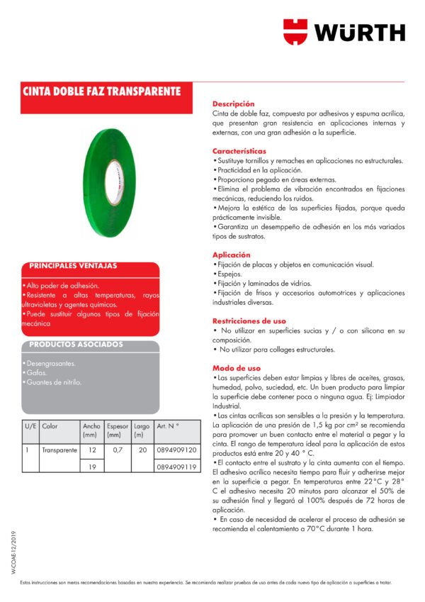 Cinta Doble Faz Transparente 19mm X 20mts Marca Wurth