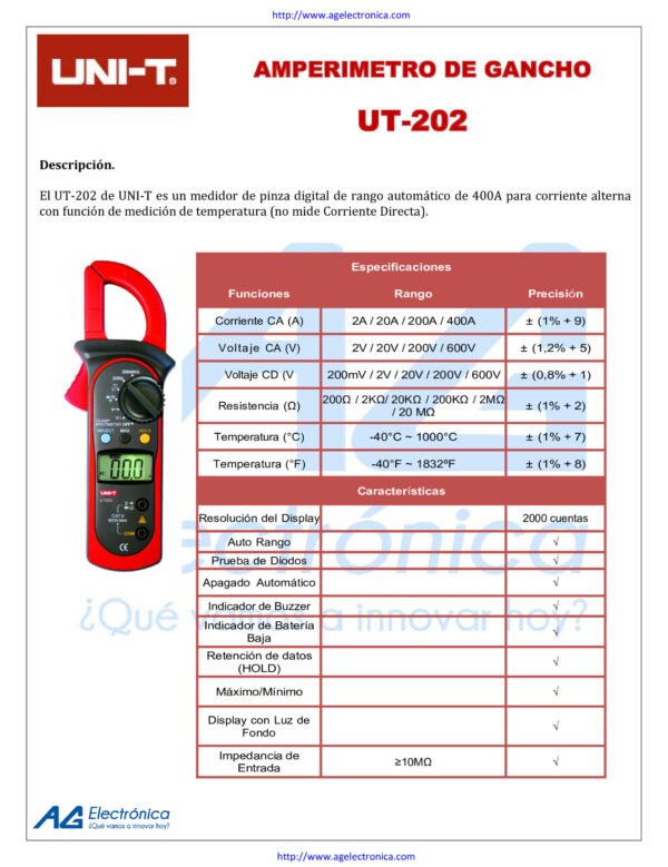 Pinza Volti Amperimetrica Digital Uni-t Ut202a+ 600a