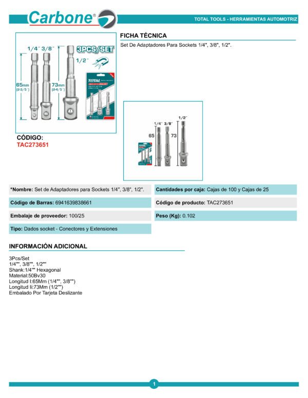 Kit X 3 Adaptadores Para Copas De 1/4 1/2 Y 3/8 X 7cm Largo