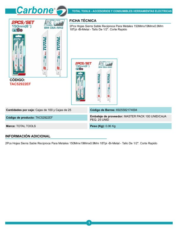 Hojas Sierrasable Para Metal Tac52922ef Tota