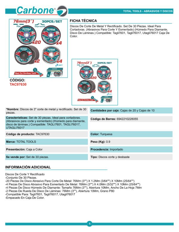 Set X 30 Discos Para Pulidora 3 Corte Metal Total Tac97630
