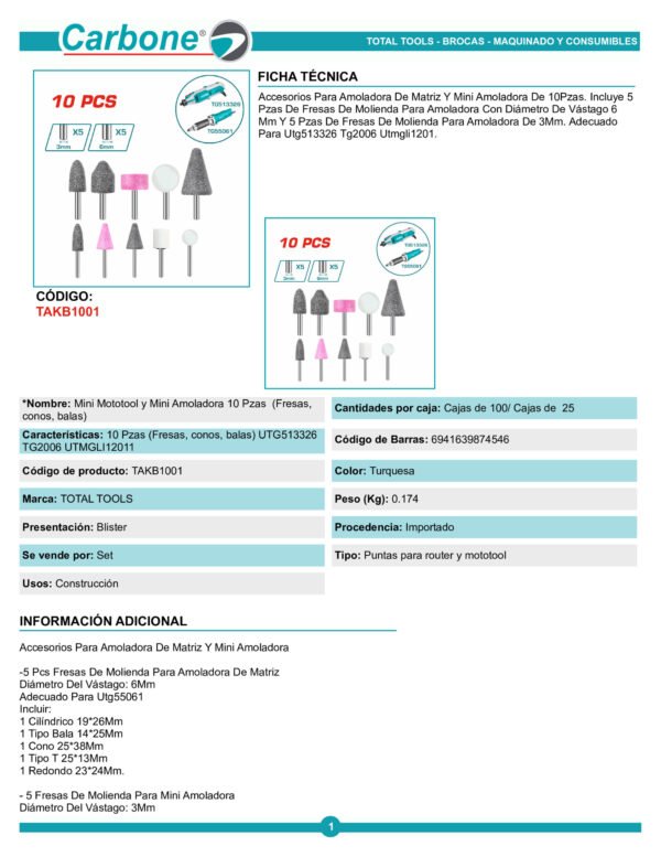 takb1001-mini-mototool-y-mini-am_001 Juego X 10 Puntas Mototool Piedra Metal, Acero Inox, Fresas