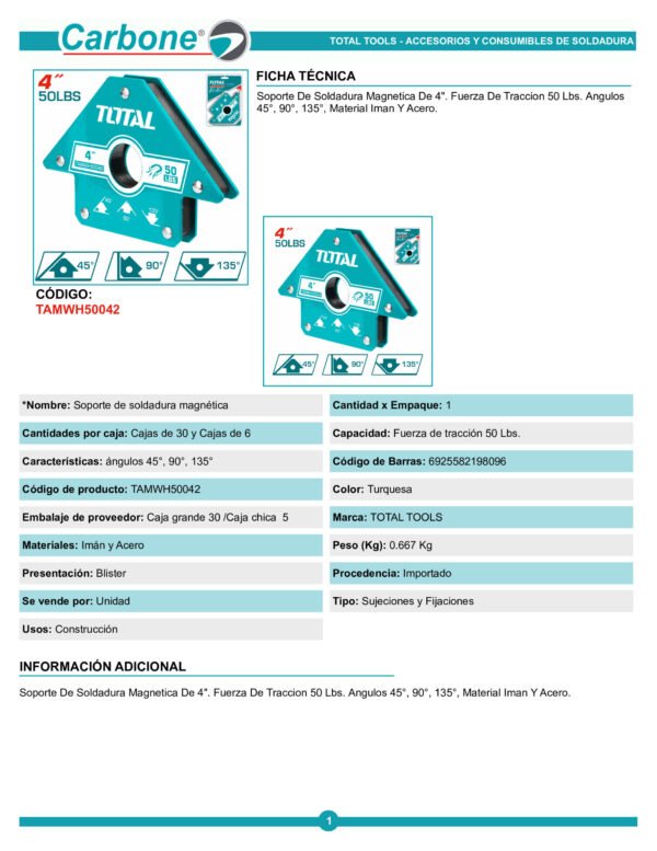Escuadra Magnetica Soldar 50lb 4puLG Total Tamwh50042