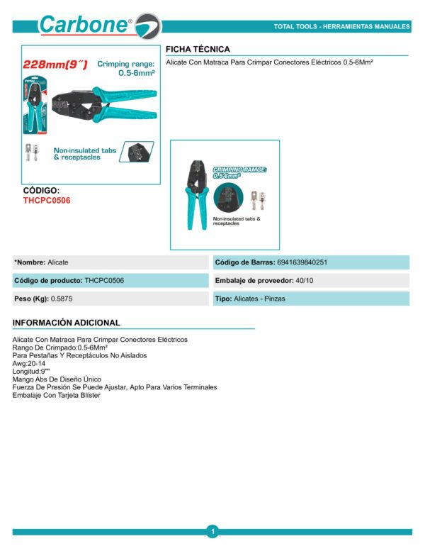 Alicate Pinza Pelacable Terminales 0.5mm A 6mm Con Ponchador Industrial Total 9 Crimpeadora Con Trinquete