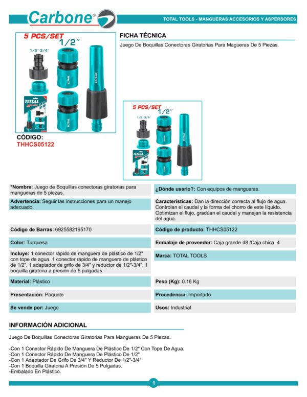 Kit Juego Boquillas Giratorias Para Manguera 5 Piezas Total