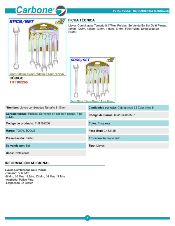 tht102266-llaves-combinadas-tama_001 Juego De Llaves Mixtas Combinadas 8mm - 17mm 6 Piezas Total