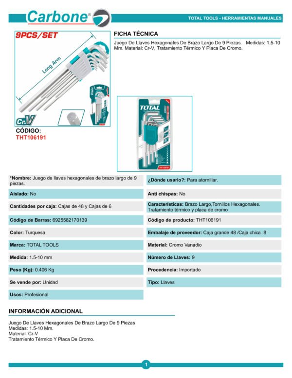 Juego X 9 Llaves Bristol Allen Largas 1.5mm A 10mm Total