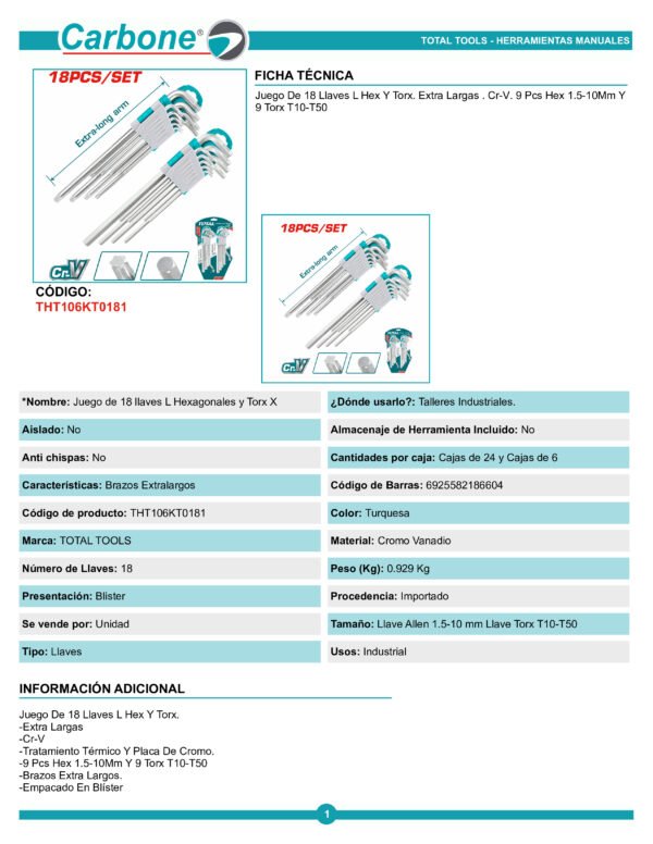Kit X 18 Piezas Llaves Bristol Allen Y Torx Total Tht106kt01