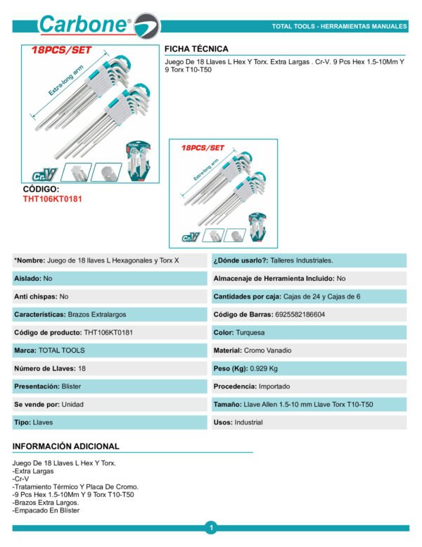 Kit X 18 Piezas Llaves Bristol Allen Y Torx Total Tht106kt01