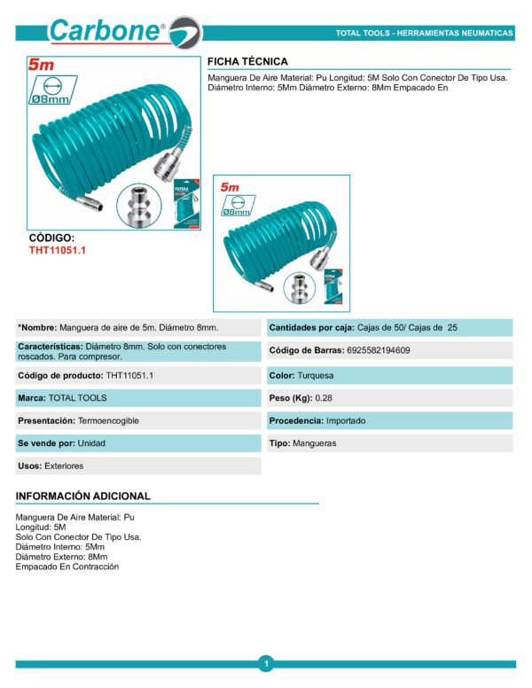 Manguera De Aire 5m (8mm)  12bar (total) Tht11051.1