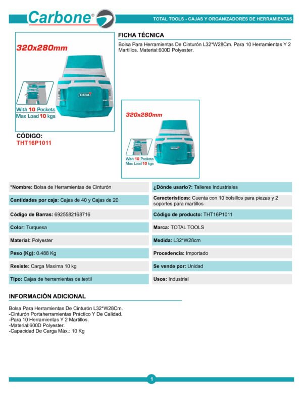 Cinturon Portaherramientas Total  32x28cm 10 Herramientas