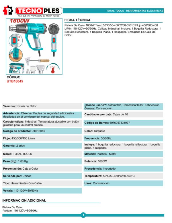 utb16045-Ficha-tecnica_001 Pistola De Calor 550° Con Control Temperatura _ 3 Velo Total