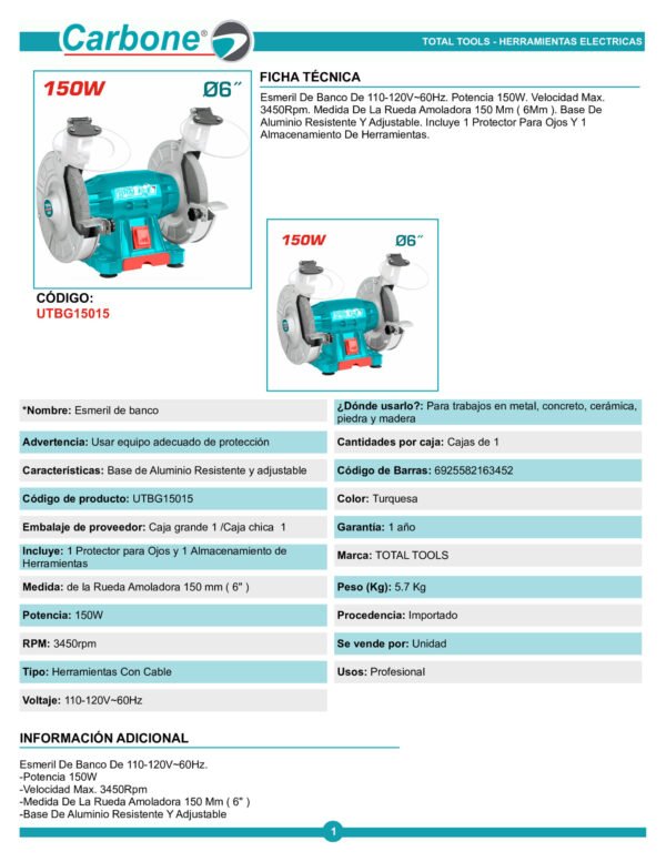 Esmeril De Banco 6 Pulgadas Total 150w + 2 Piedras 3.450rpm