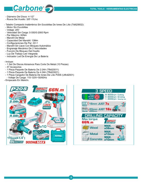 Kit Taladro Percutor 66nm + Minipulidora+ Baterias 4ah Total