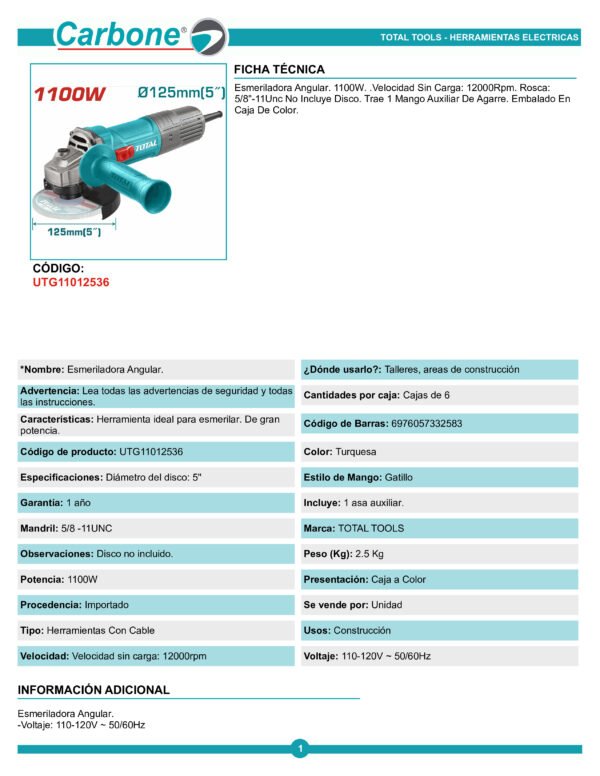 Amoladora Angular Total 1100w - 5 Pulgadas, 125mm, 12.000rpm, Industrial - Tg11012536
