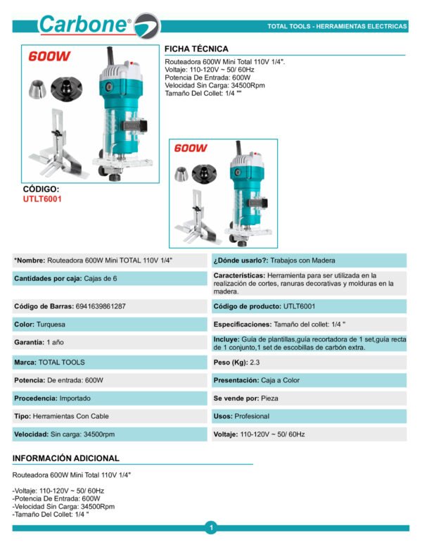 Rebordeadora 1/4 Ruteadora Industrial 600w Utlt6001 Total