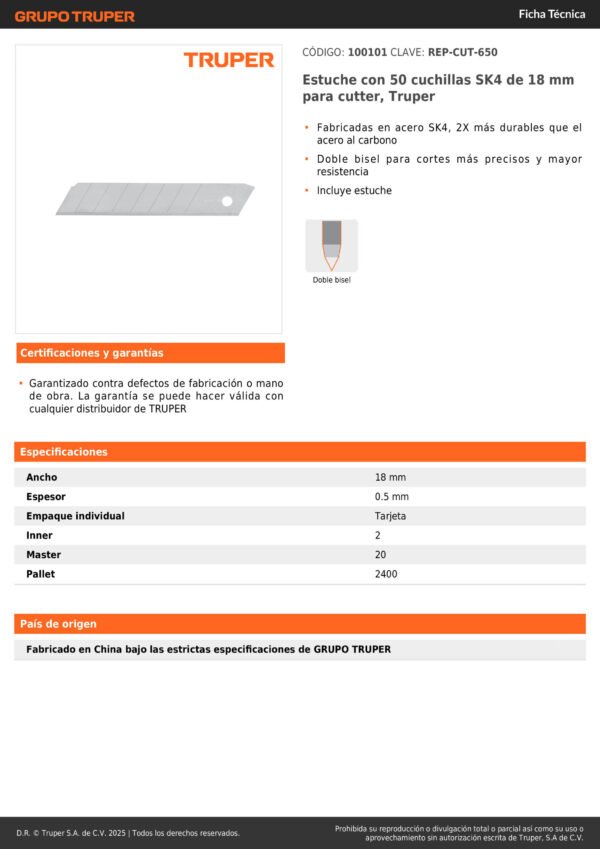 100101_001 Estuche Con 50 Cuchillas De Repuesto Para Cutter De 18mm