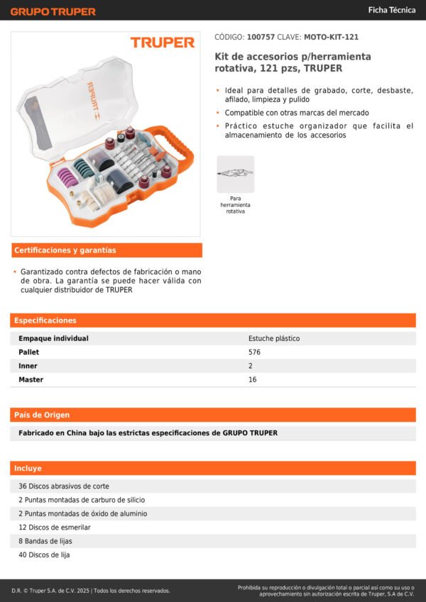 100757_001 Kit Accesorios Para Motor Tool 121 Piezas Trupe