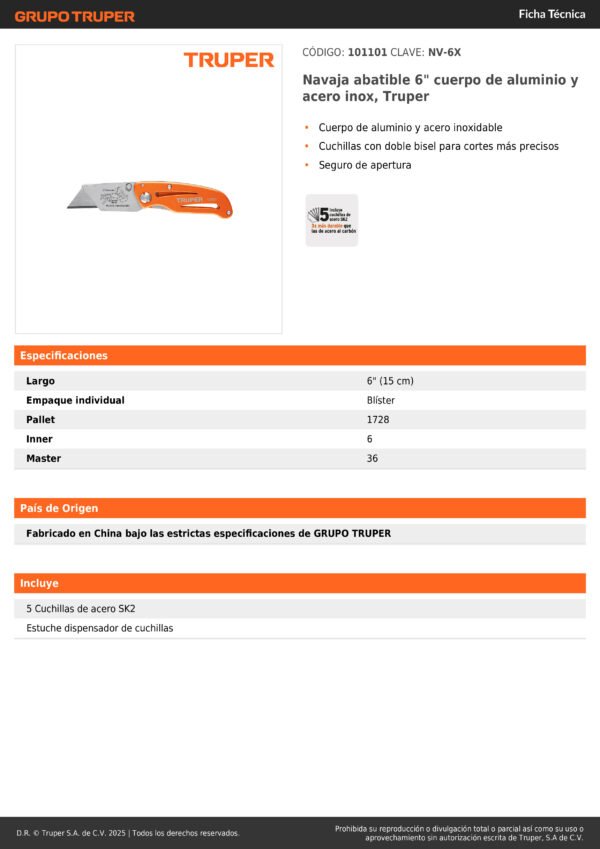 Navaja Plegable, Cuerpo Metalico, 6', Truper 101101 Color Naranja