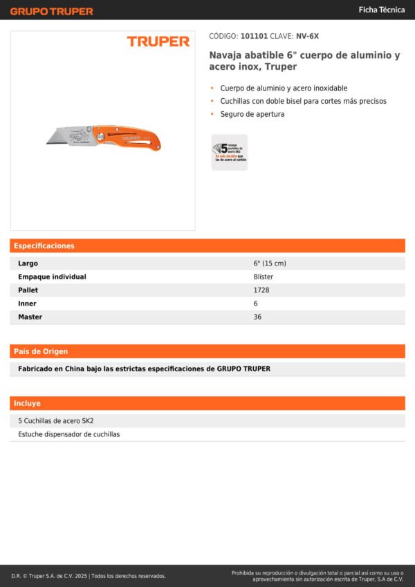 Navaja Plegable, Cuerpo Metalico, 6', Truper 101101 Color Naranja